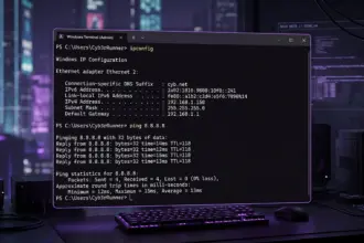 Windows 11 Command Prompt showing results of ipconfig and ping commands