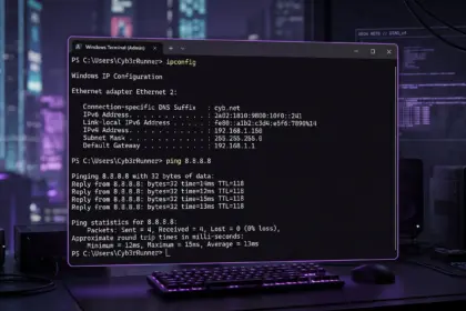 Windows 11 Command Prompt showing results of ipconfig and ping commands