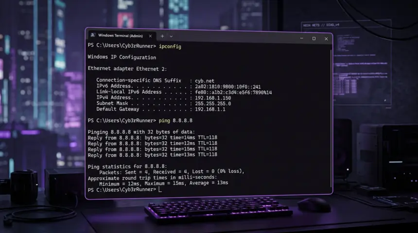 Windows 11 Command Prompt showing results of ipconfig and ping commands