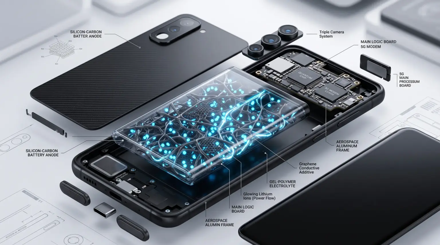 Cross-section of a smartphone's silicon-carbon battery with a nanoporous Si/C anode structure