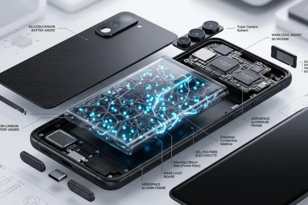 Cross-section of a smartphone's silicon-carbon battery with a nanoporous Si/C anode structure