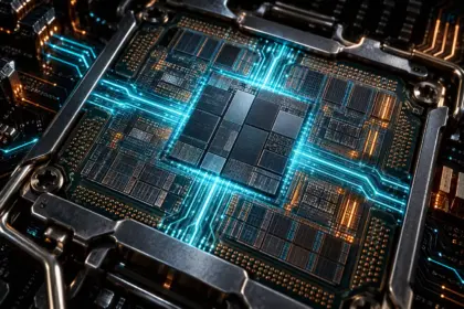 Close-up silicon die telemetry showing Intel Microcode 0x12B voltage regulation on desktop processor socket