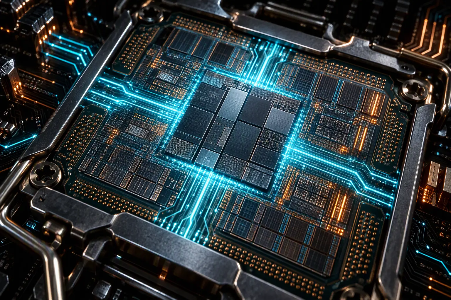 Close-up silicon die telemetry showing Intel Microcode 0x12B voltage regulation on desktop processor socket